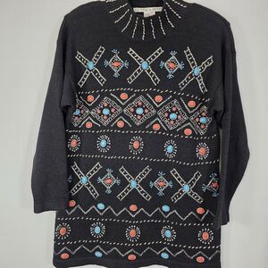 Victoria Jones Vintage Beaded Southwestern Sweater Black Ramie Cotton Med